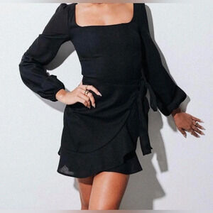 Princess Polly linen & cotton blend peplum tie dress in black size 2